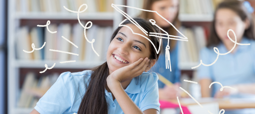 close up of young student with graduation cap doodle