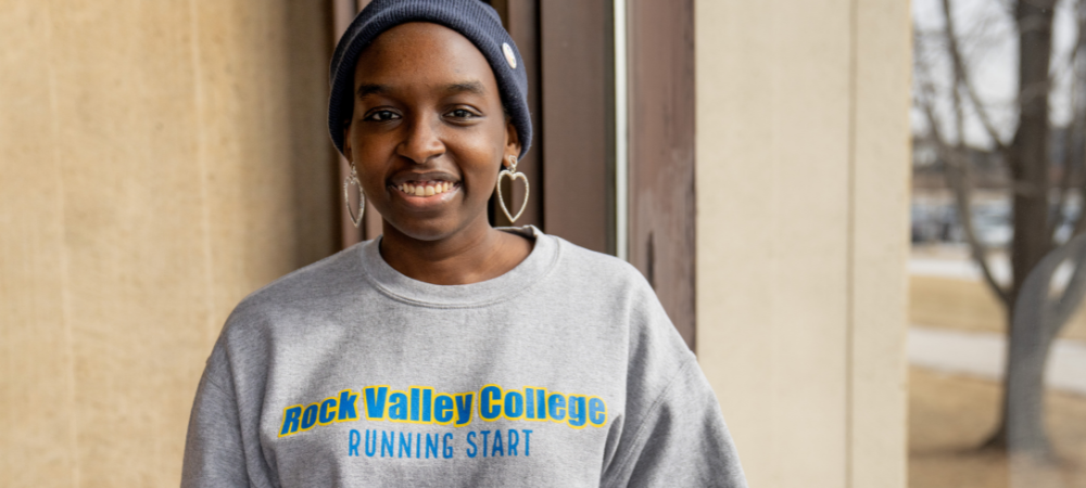 close up of running start student wearing grey sweater